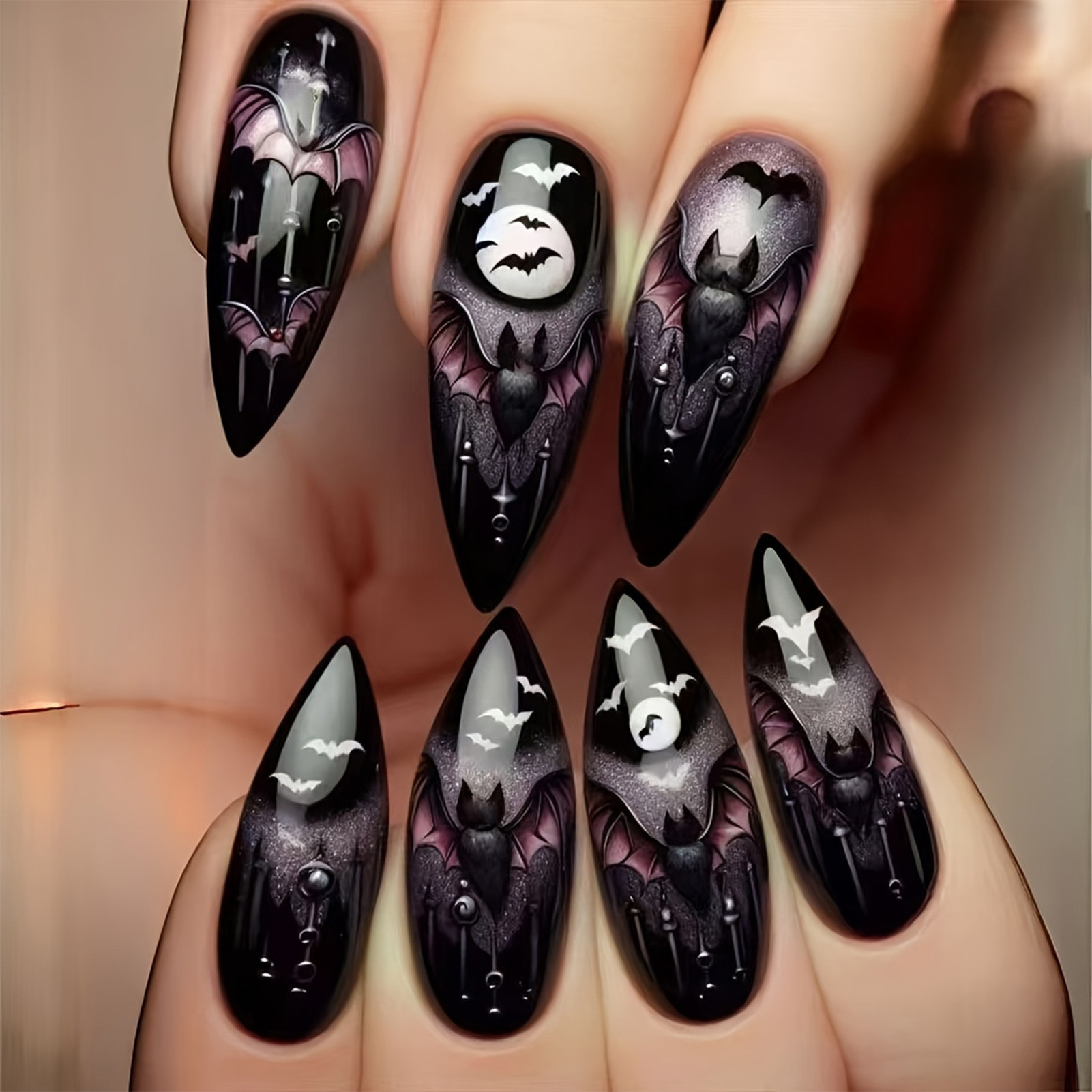 Cosplay Bat Prop - 24 faux ongles d'Halloween noirs en